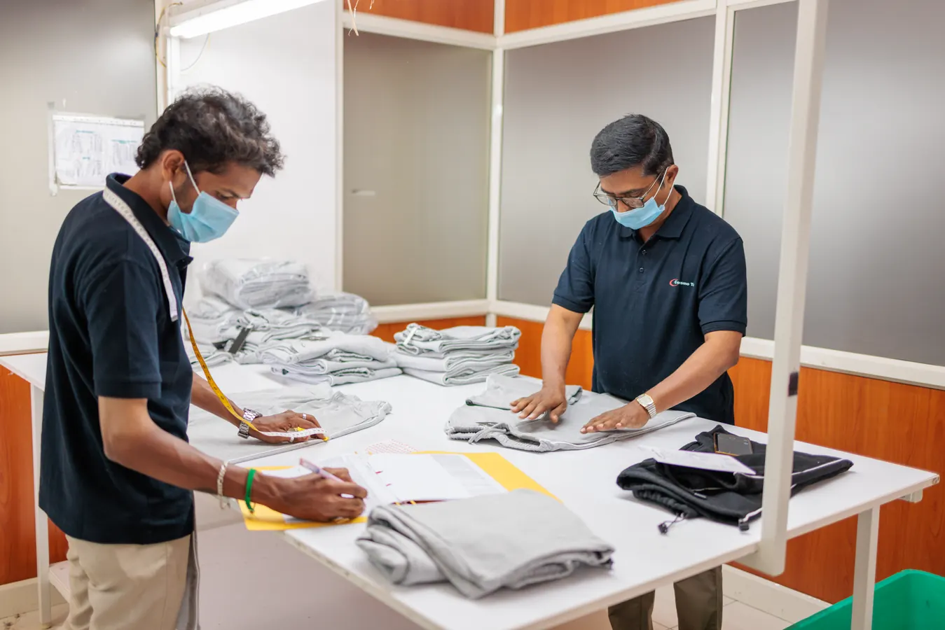 Finished garments arranged for final quality inspection